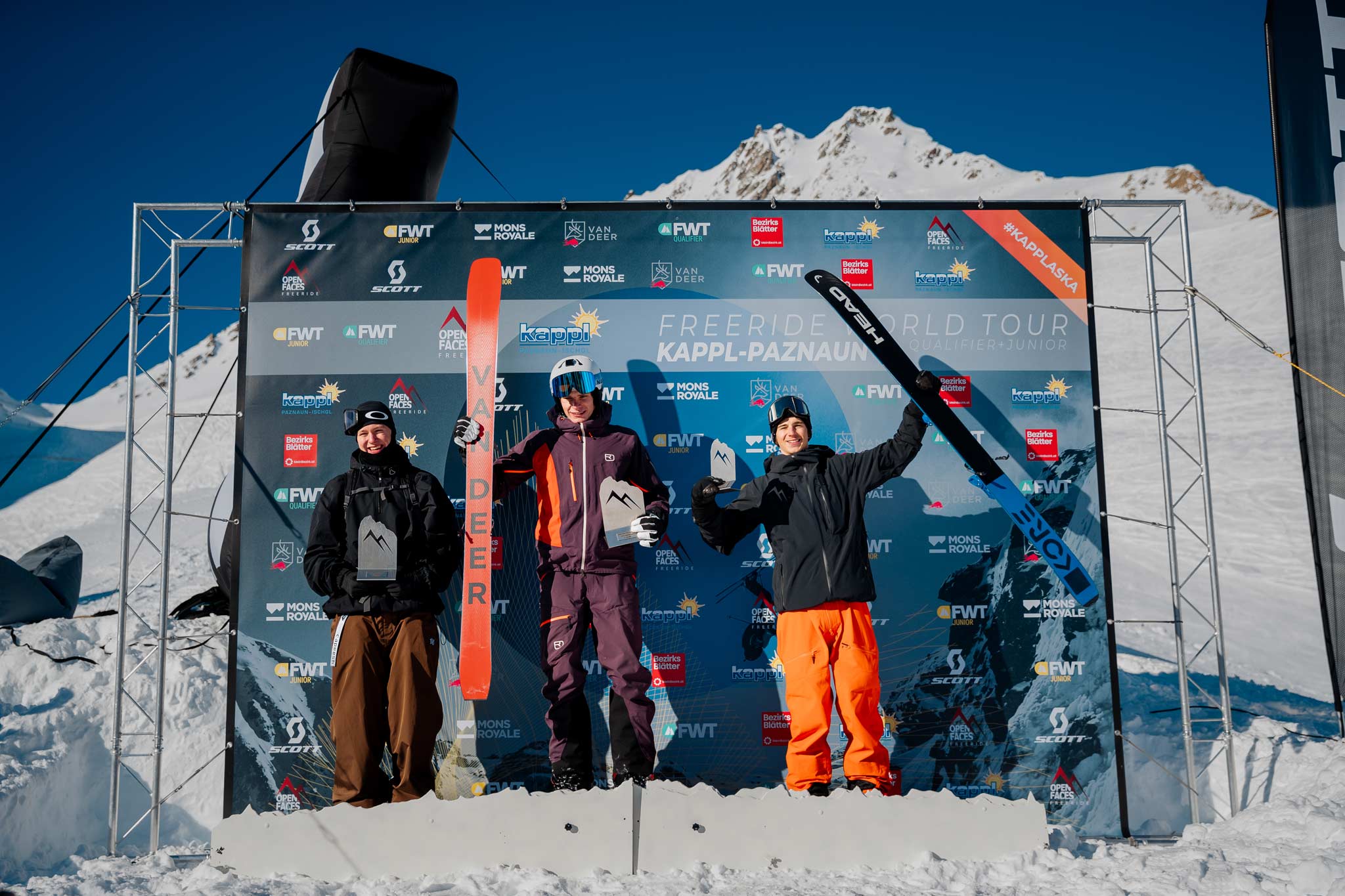 Das Podium der Kategorie Ski Men beim 2*FWTQ in Kappl/Paznaun.